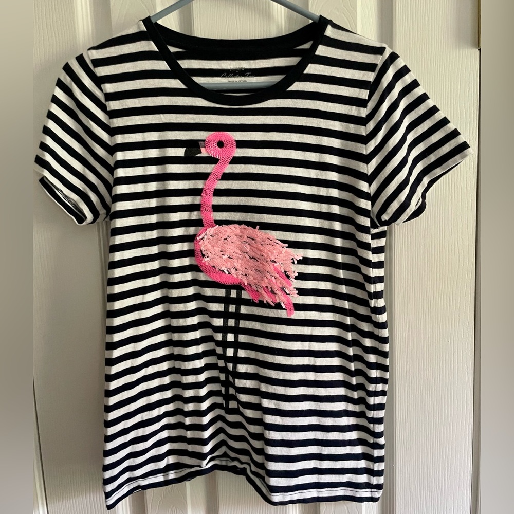 J Crew Factory navy/white stripe tee with flamingo embellishment, size M